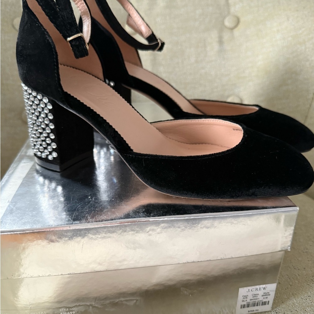 J.Crew Maise Studded Heels Black Velvet EUC 6 $268 Mary Jane Block Heel - Picture 5 of 5